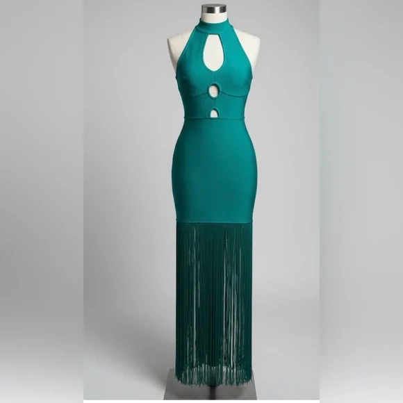 NWOT StyleByGG Emerald Green Bandage Fringe Maxi Dress -Sculpting Bodycon Size L - Picture 3 of 14